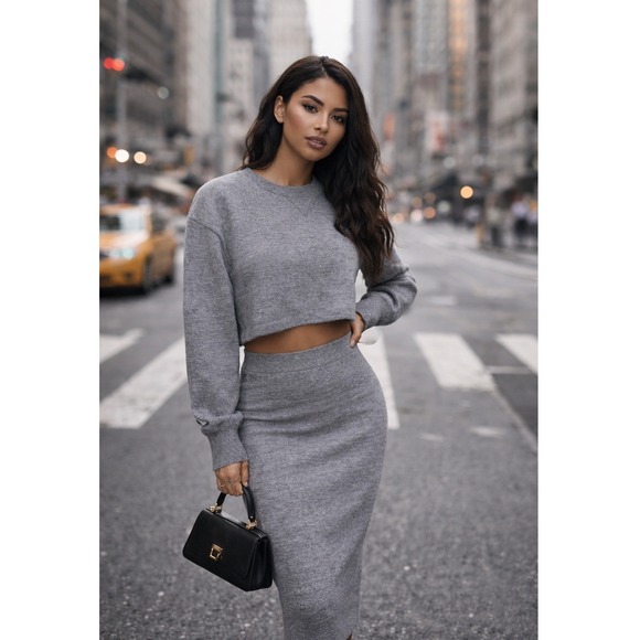 Zara Dresses & Skirts - ZARA Knit 2pc Skirt Set Womens S Gray Cropped Sweater Midi Skirt Minimalist